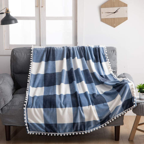 HomeBelongs Fleece Throw with Pom Pom Fringe, Buffalo Plaid Checkered, Flannel Throw, Super Soft Lightweight Microfiber Polyester, Plush, Fuzzy, Cozy, 50x60 Inches (Blue and White)