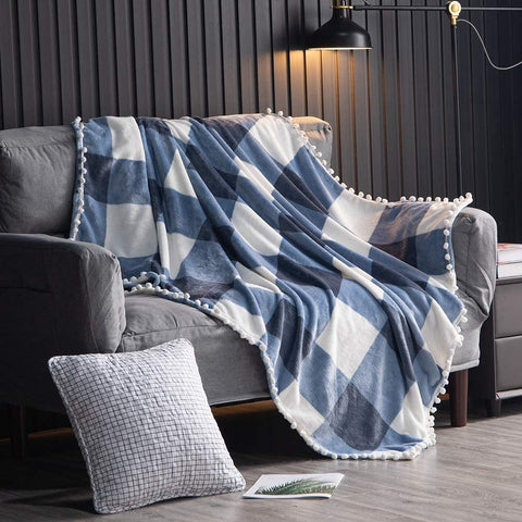 HomeBelongs Fleece Throw with Pom Pom Fringe, Buffalo Plaid Checkered, Flannel Throw, Super Soft Lightweight Microfiber Polyester, Plush, Fuzzy, Cozy, 50x60 Inches (Blue and White)