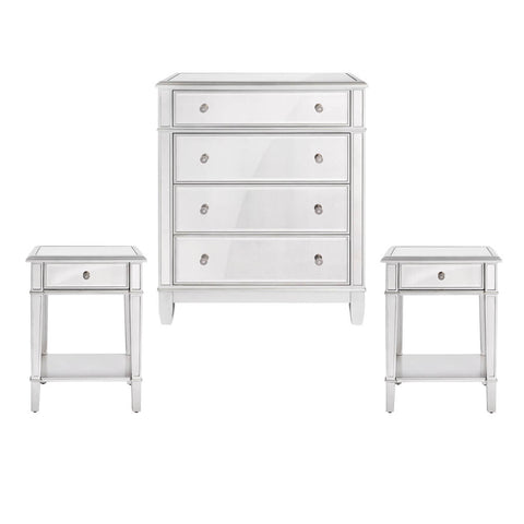Danielle Silver Antique Mirror One 4-Drawer Chest and Two Nightstands Package (3-Piece)