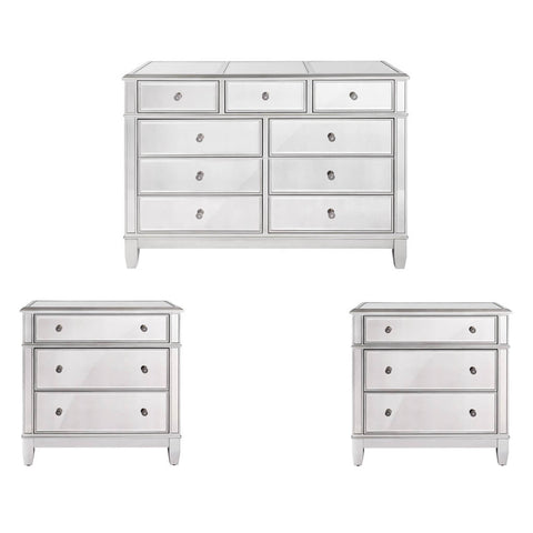 Danielle Silver Antique Mirror One 9-Drawer Chest and Two 3-Drawer Oversized Nightstand Package (3-Piece)