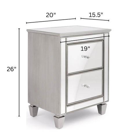 Danielle Silver Clear Mirror Nightstand with 2 Drawers