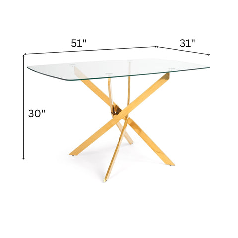 Lisa Modern Rectangle Dining Table with Stainless Steel Base in Gold and Clear Tempered Glass Top, 51" W