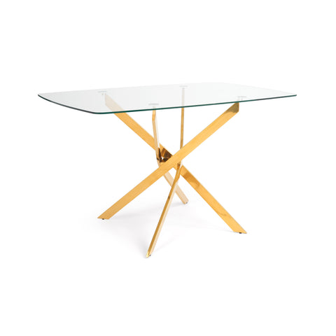 Table de salle à manger rectangulaire moderne Lisa avec base en acier inoxydable doré et plateau en verre trempé transparent, 51" W