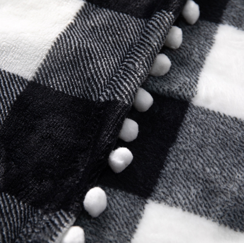 HomeBelongs Checkered Flannel Blanket Throw with Pompom Fringe Tassel Nap Blanket for Couch Buffalo Plaid Gingham Velvet Plush Bed Blanket Flannel Fleece All Season Lightweight Blanket, 50 inch x 60 inch (Black and White)
