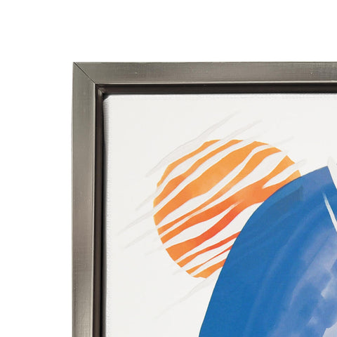 The artwork canvas is covered by metal frame to provide wrap resistant construction. The frame is painted in silver.