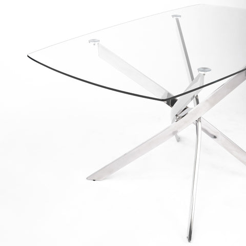 Table de salle à manger rectangulaire moderne Lisa avec base en acier inoxydable chromé et plateau en verre trempé transparent, 51" W