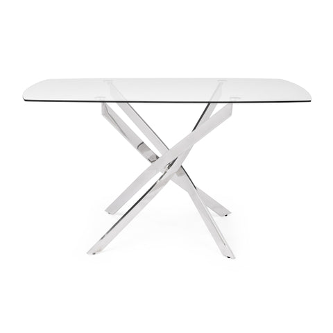 Lisa Modern Rectangle Dining Table with Stainless Steel Base in Chrome and Clear Tempered Glass Top, 51" W